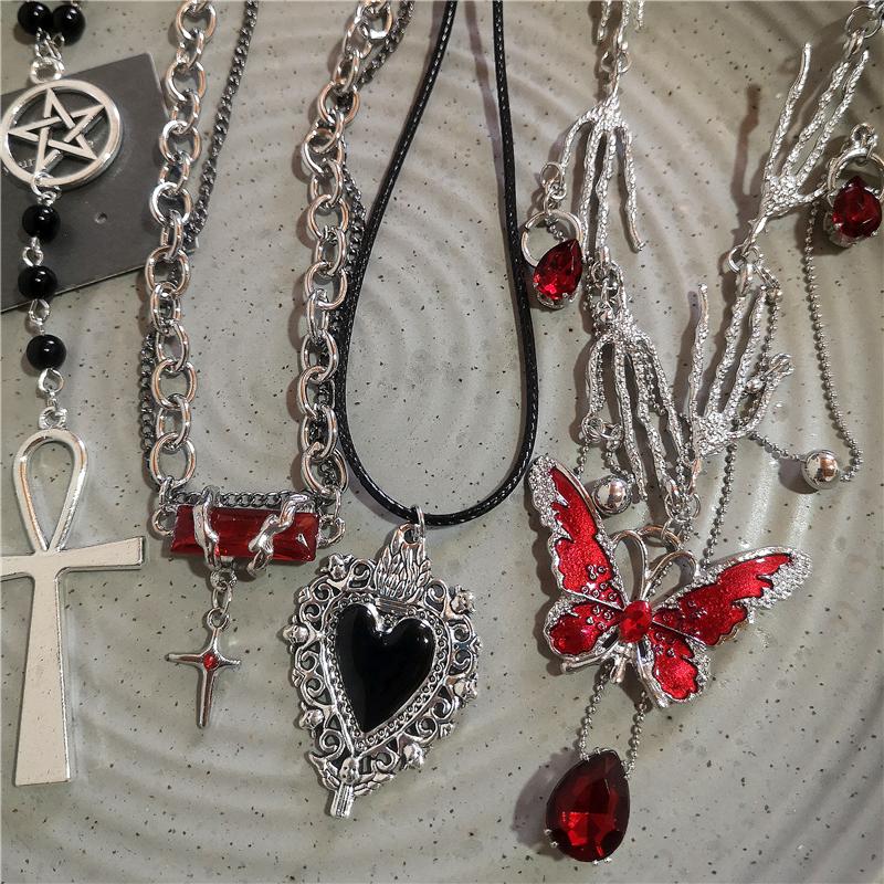 Gothic Y2K Punk Red Butterfly Black Heart Cross Pendent Chain Necklaces For Women Men Halloween Grunge EMO Jewelry Accessories