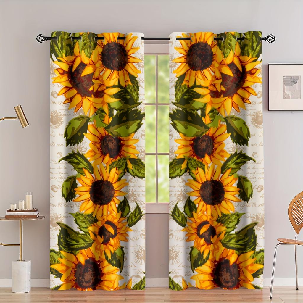2pcs Sunflower Printed Curtain, Rod Pocket Window Treatment For Bedroom Office Kitchen Living Room Study Home Decor