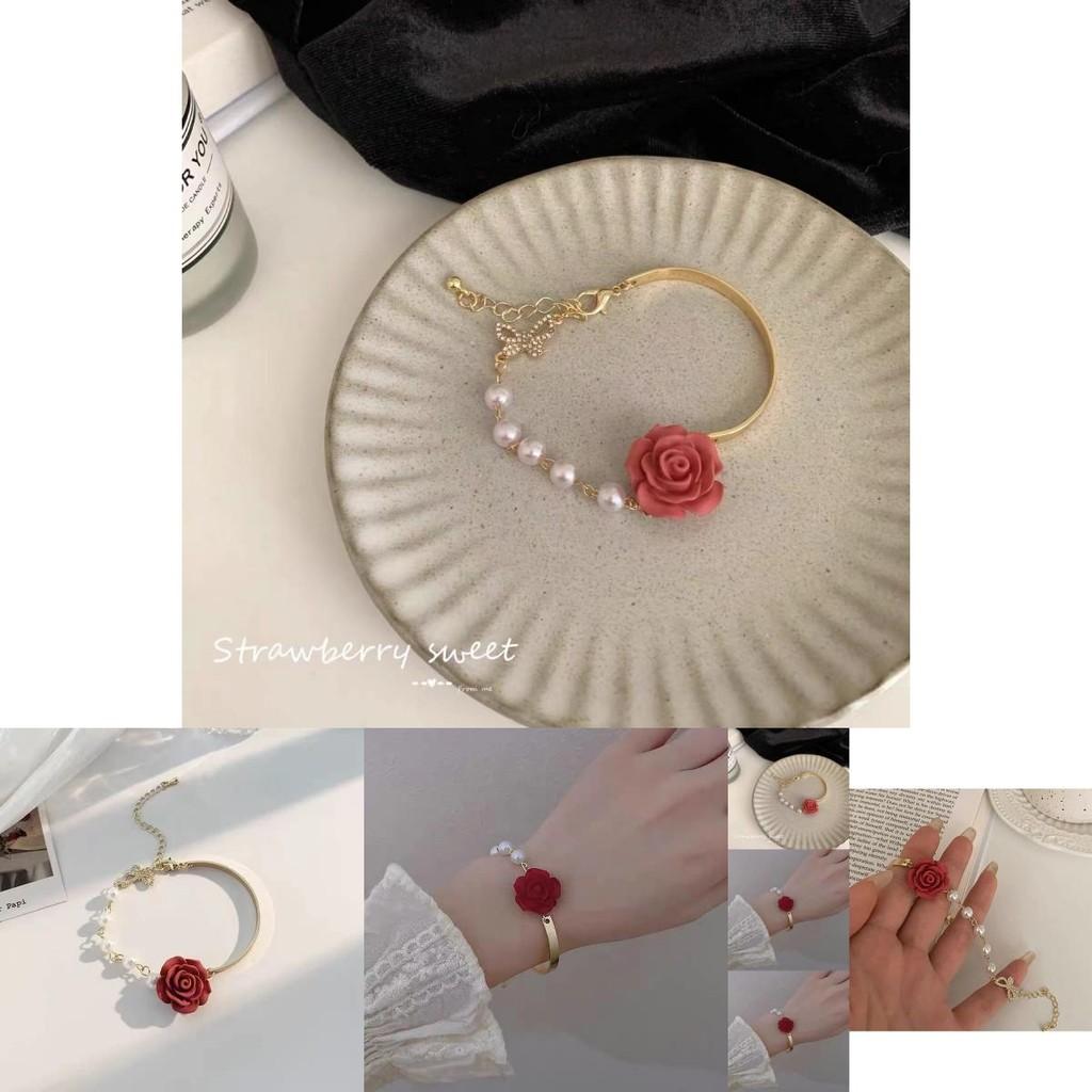 High-end Fashionable Red Rose Pearl Bracelet For Women With Geometric Design