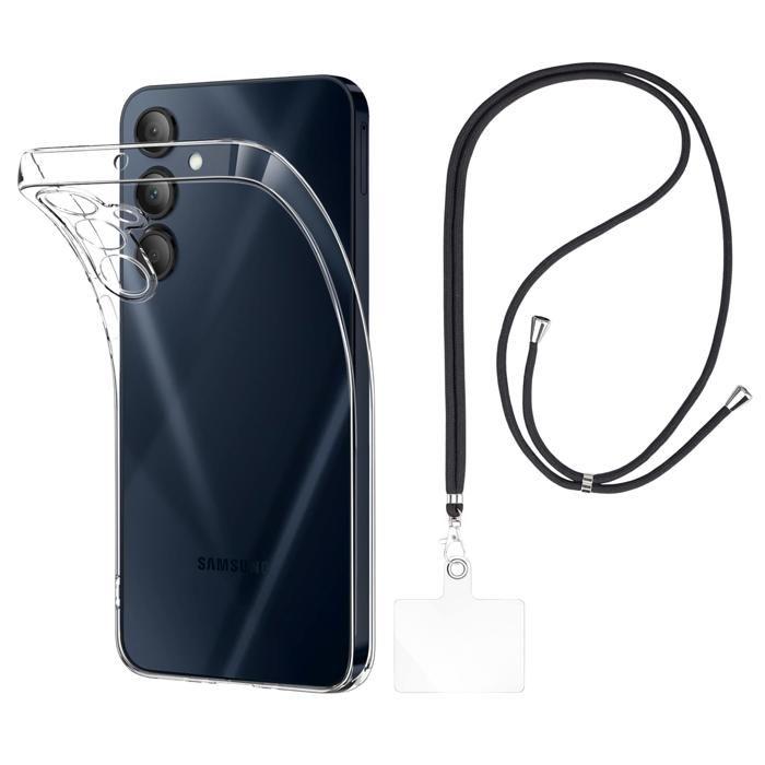 Coque et tour de cou pour Samsung Galaxy A16 - TPU Souple Transparent Cordon Noir réglable Phonillico®