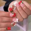 24PCS Short Square False Nails Sweet 3D Strawberry Flowers Design Fake Nails for Women Pink Plaid Lace with Pearl Nails Press On
