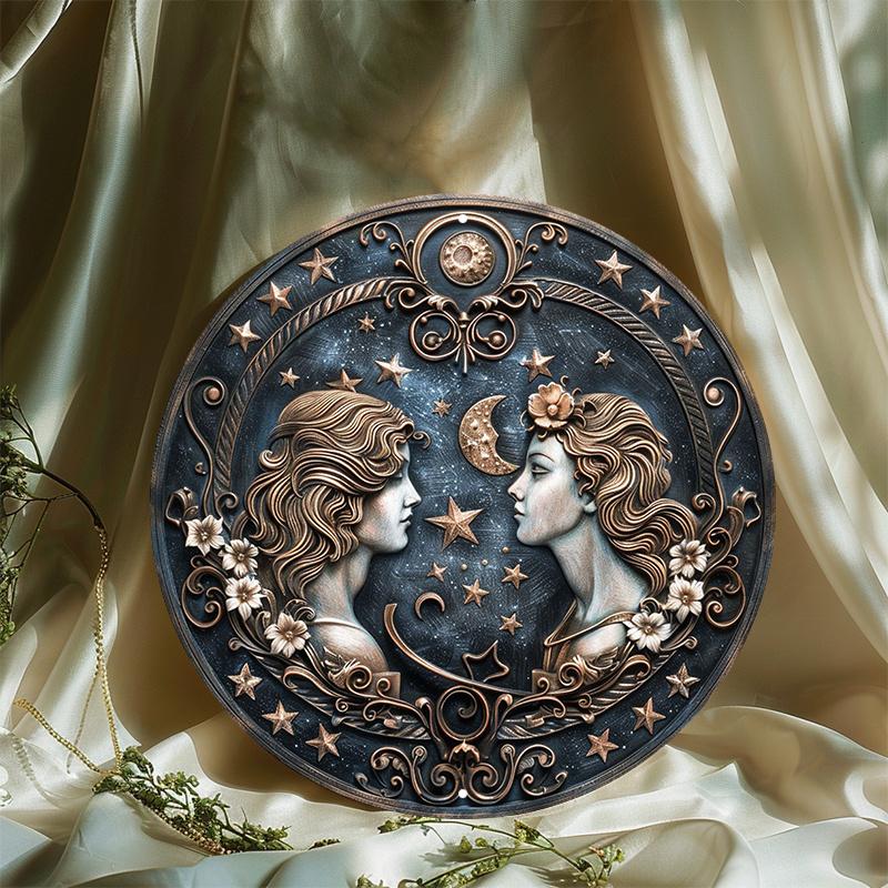 Gemini Zodiac Sign Round Wooden Sign - Wooden Wall Art with HD Printing, Weather Resistant, Pre-drilled for Easy Hanging