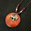 Vintage Wooden Owl Leaf Pendant Necklace Boho Ethnic Style Metal Hollow Leaves Necklaces Long Wax Rope Chain for Women Gifts