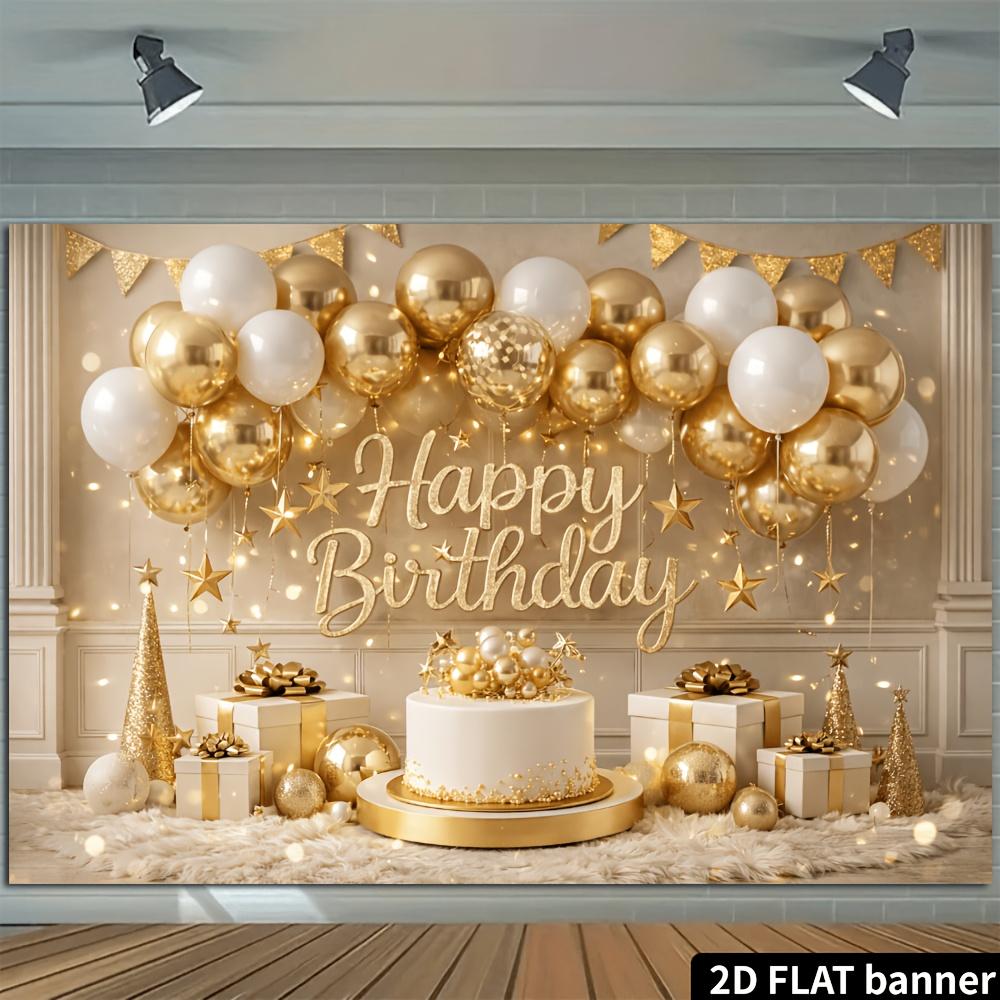 2D planar birthday party banner background - Platinum gold theme birthday with gold and white balloons.PMJ