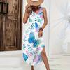 Women Sleeveless Floral Print Casual Loose Fit Long Dress Round Neck Side Slit Summer Maxi Dress for Daily Wear
