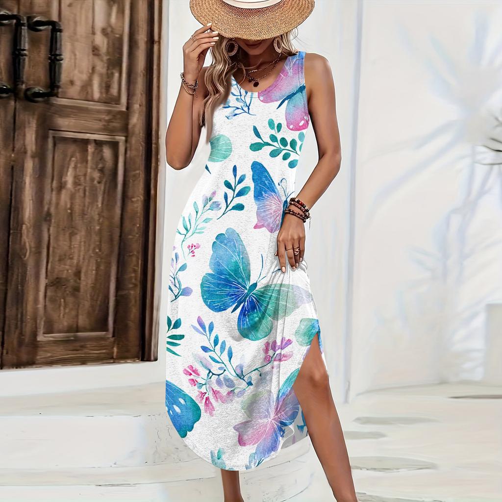 Women Sleeveless Floral Print Casual Loose Fit Long Dress Round Neck Side Slit Summer Maxi Dress for Daily Wear