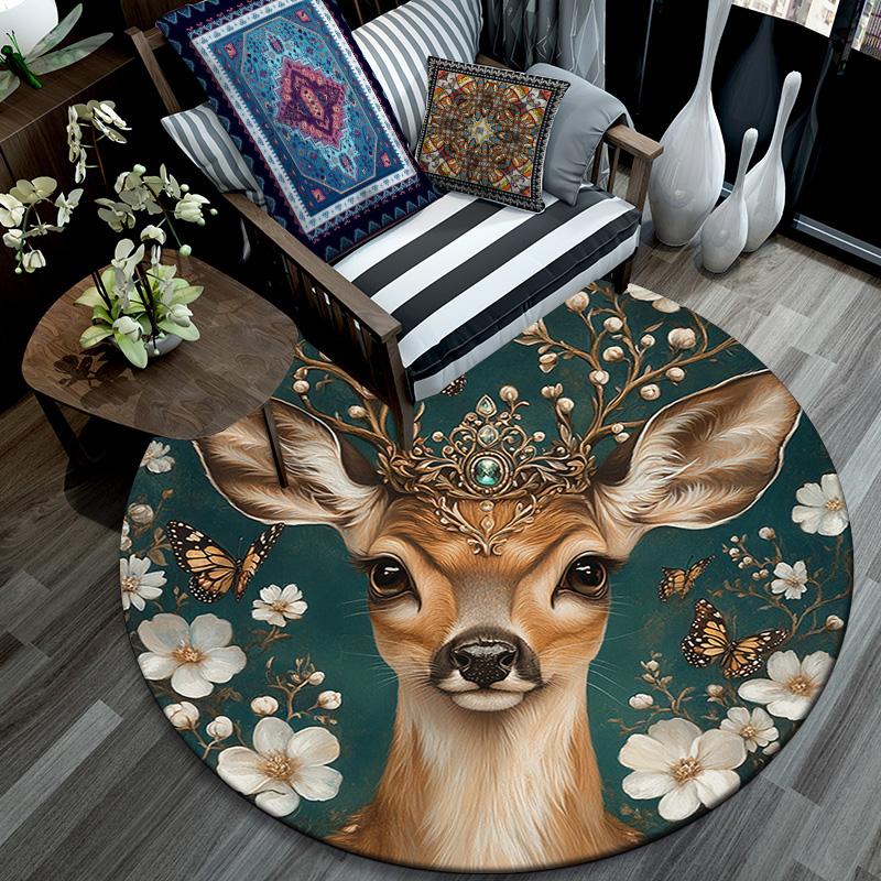 Deer with Flowers Round Area Rug,Carpet Rug for Living Room Bedroom Sofa Playroom Decor,Non-slip Floor Mat