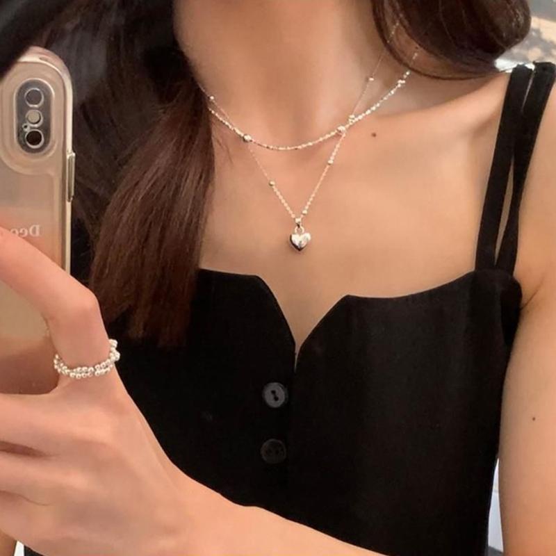 Fashion Heart Pendant Necklace Silver Color Bead Layered Necklace Temperament Clavicle Chain Necklace Choker Jewelry