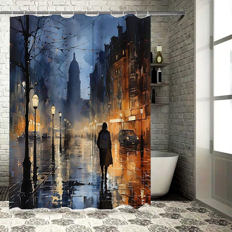 Romantic Night City Scene Shower Curtain Unique Artistic Print Bathroom Decor Waterproof and Durable Modern Art Design EasyClean