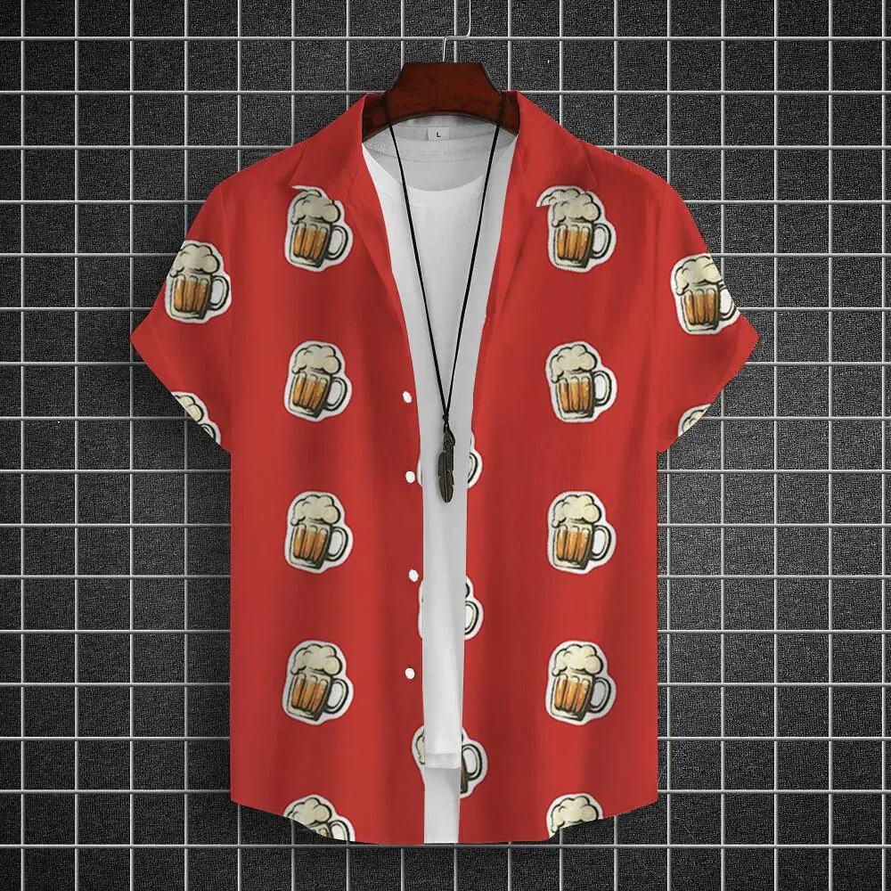 Men's Summer Short Sleeve Hawaiian Shirt Beach Holiday Print Shirt Top 100% Polyester Men's Beer Print Short Sleeve Shirt