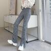 Grey Flared Pants Women's Trousers Autumn and Winter New High-waisted Split Checkerboard Drooping Feeling Lazy Wind Straight Casual Trousers