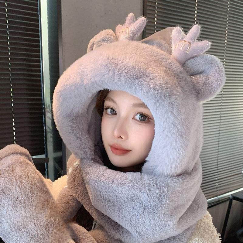 Women's Cute Bear Hooded Scarf Set: Plush Hat, Neck Warmer, and Gloves for Winter