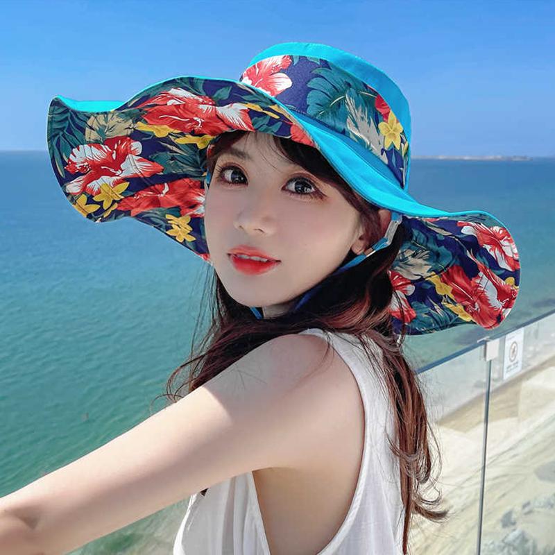Women's Extra Wide Brim Beach Sun Hat, Summer Fashion Printed Ribbon Sun Cap, UV Protection Foldable Breathable hat