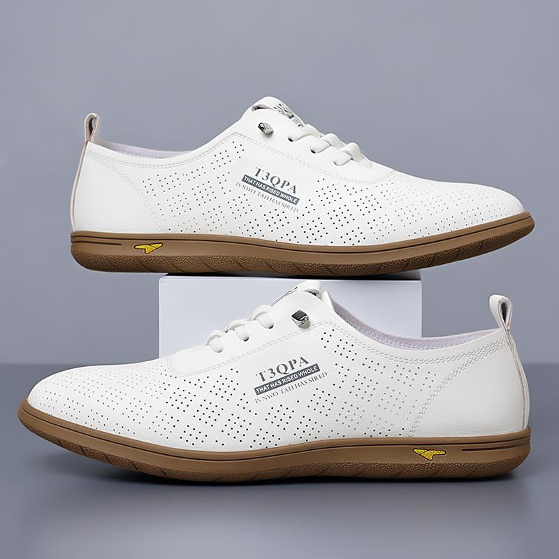 Summer Comfort Punching Leather Men Shoes Casual Lightweight Lace Up Men Leather Oxford Shoes Breathable Comfortable Flats Shoes