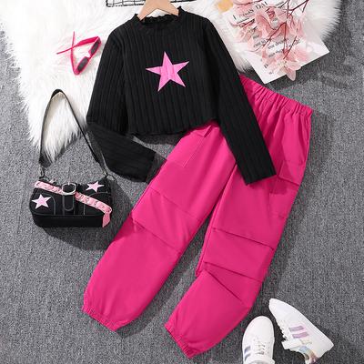Spring Autumn Children Casual Clothing Outfits for Girls Black Pullover Hoodie and Rose Red Pants Sports Loose Comfortable Style Daily Suits