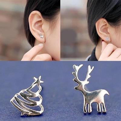 Fashion Christmas Trees Elk Silver Plated Asymmetric All_match Stud Earrings