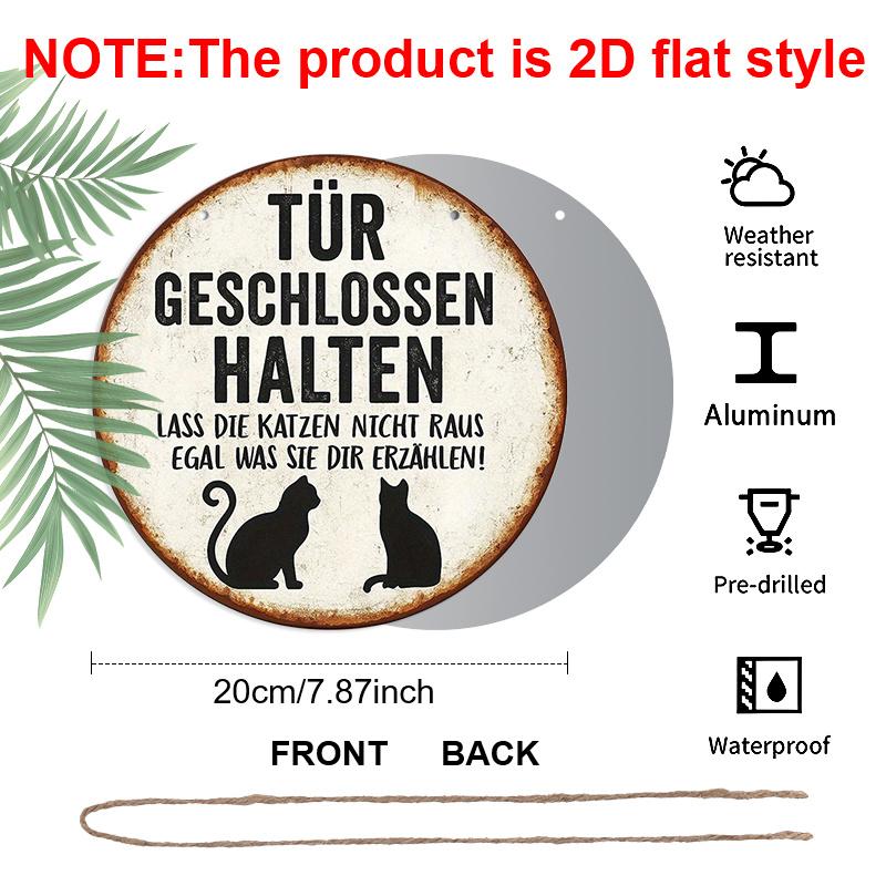 2D Flat, 1pc German "Keep Door Closed" Cat Warning Sign - German Text & Cat Silhouettes, Vintage-Modern Aluminum Door Hanger for Cat Owners, /Outdoor