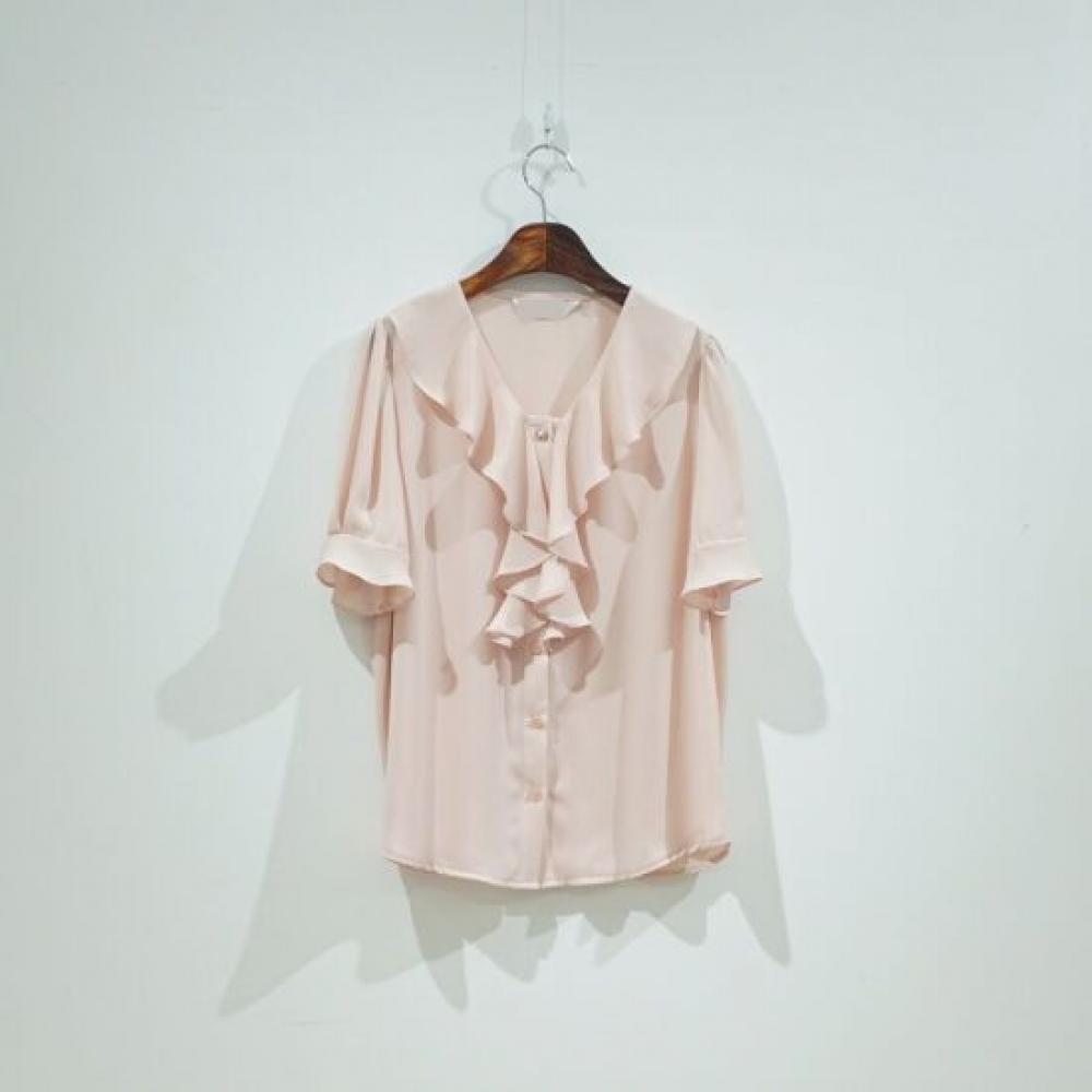 Style Latte Women Summer Chiffon Lovely Frill Pearl Button Short Sleeve Blouse