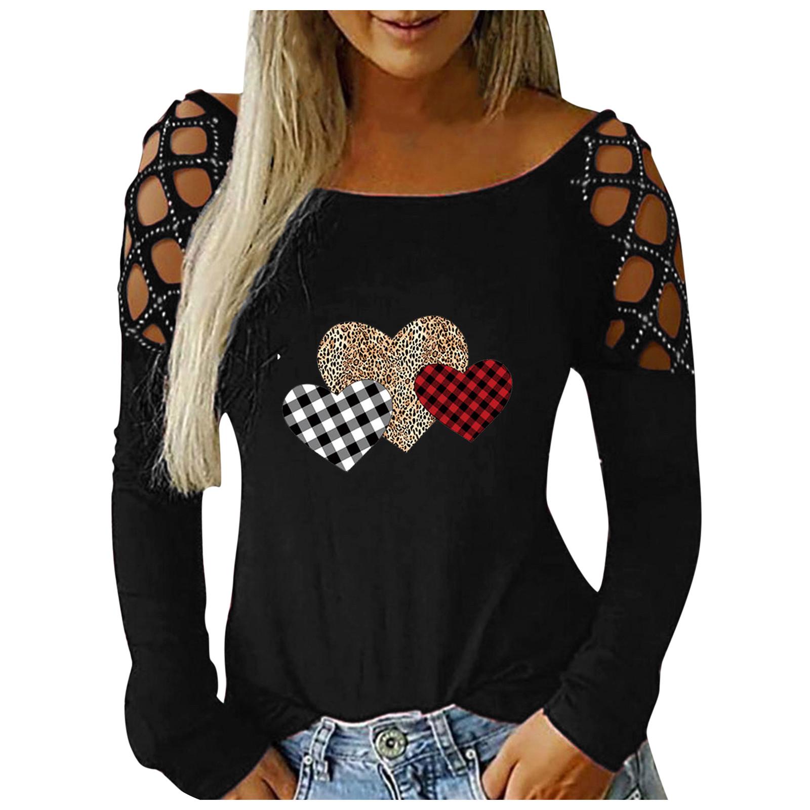 

Womens Rhinestone Hollow Retro Printing Blouse Casual Tops Long Sleeves T-Shirt S чёрный