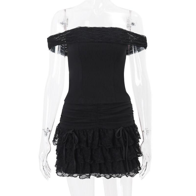 

INS Western Style 2025 Spring New Sexy off-Shoulder Tube Top Top Stitching Frill Skirt sets Women Black L