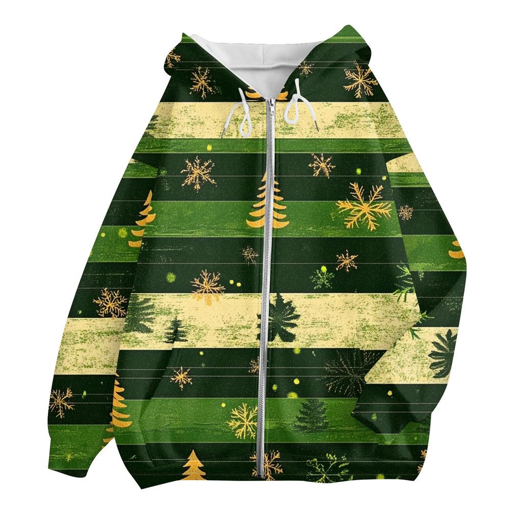 Women's Fashion Casual Christmas Print Long Sleeve Sweatshirt Pocket Jacket Zipper Hoodie Coat