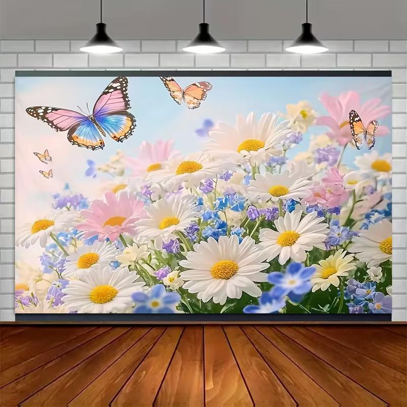 2D Colorful Butterfly Flower Backdrop Outdoor Garden Celebration Photo Background
