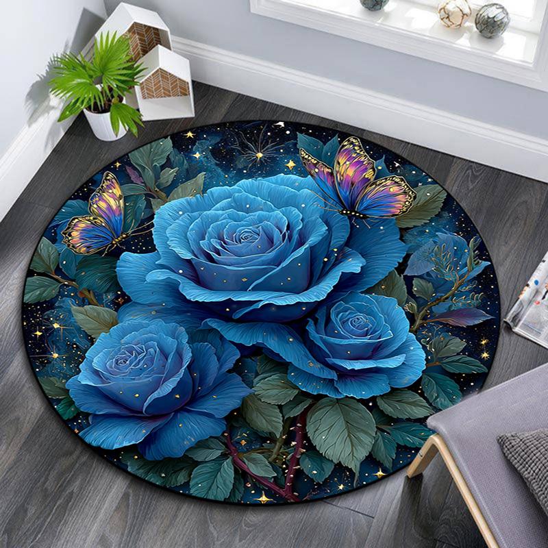 

Blue Roses Round Area Rug,Carpet Rug for Living Room Bedroom Sofa Playroom Decor,Non-slip Floor Mat 80cmx80cm