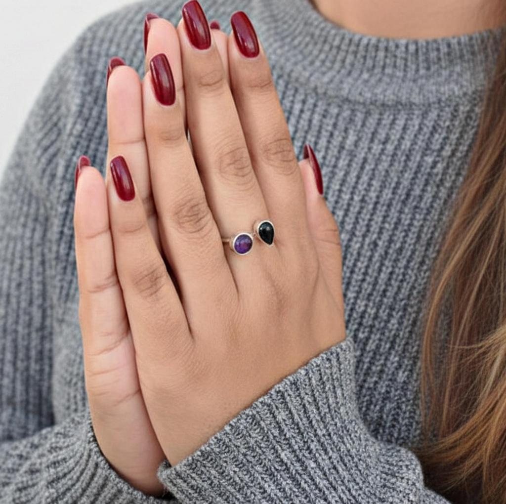 Schwarzer Onyx Amethyst 925 Silberring, Verstellbarer minimalistischer Doppelsteinring, Handgefertigter Schmuck, Geschenk für sie