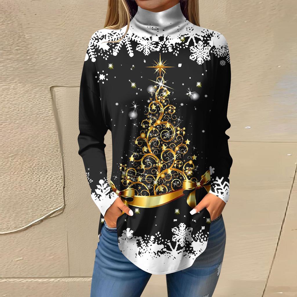 Tricouri pentru femei, toamnă, ocazional, cămăși cu mânecă lungă, hanorac, cu imprimeu vintage, cu gât înalt, pulover