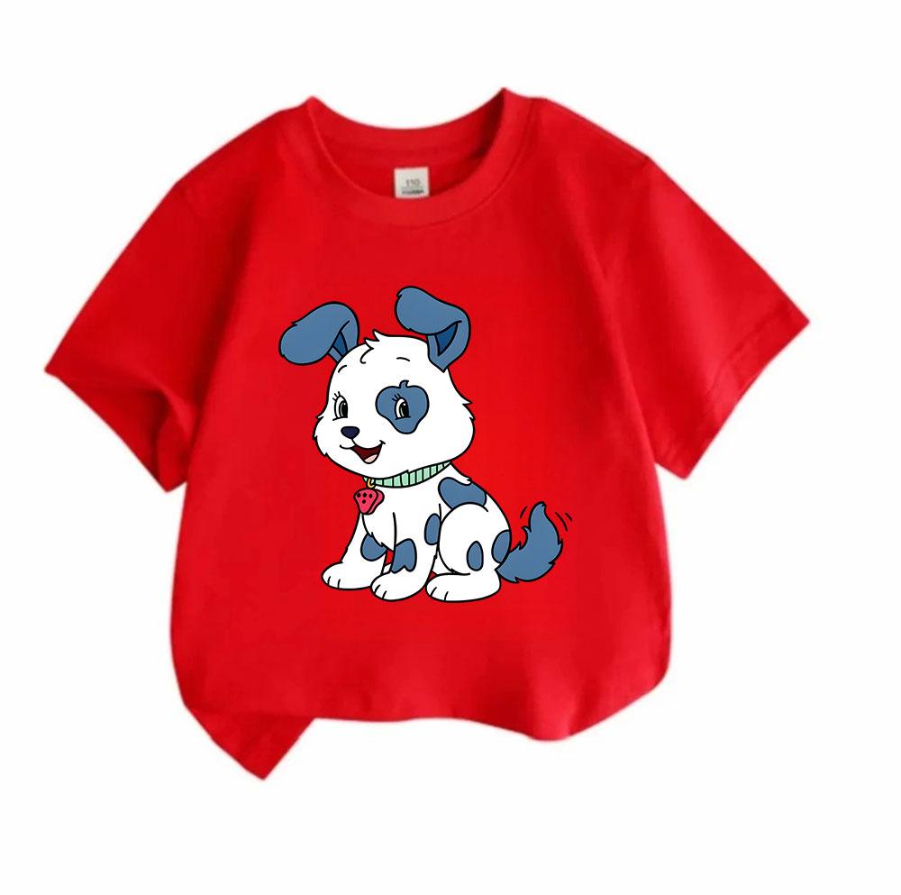 Kids Boys Girls Crew Neck Short Sleeve 100% Cotton T-Shirt, Cute Happy Blue Spotted Cartoon Puppy Print Casual Soft Comfortable Tee for Daily Wear Hol