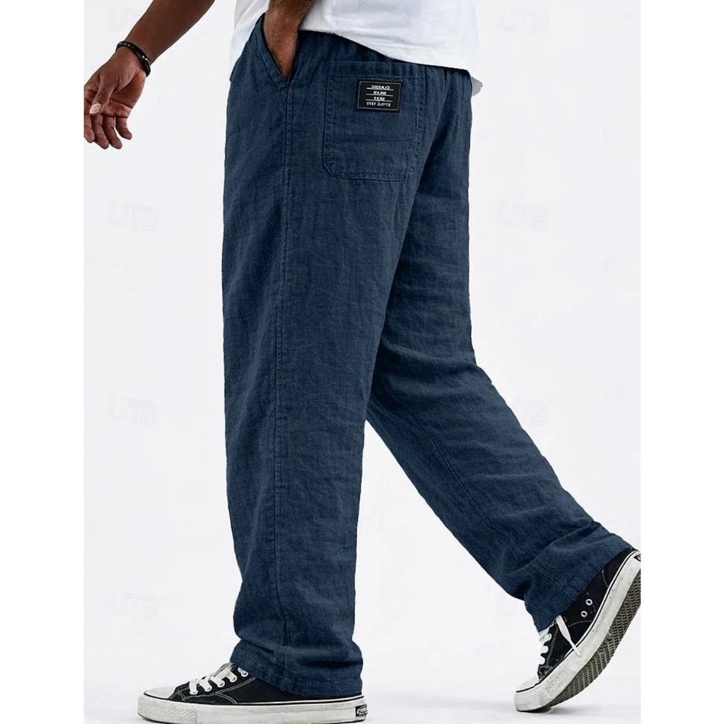 Spring Summer Men's Old Money Style Linen Cotton Loose Straight Wide Leg Trousers Drawstring Casual Pants