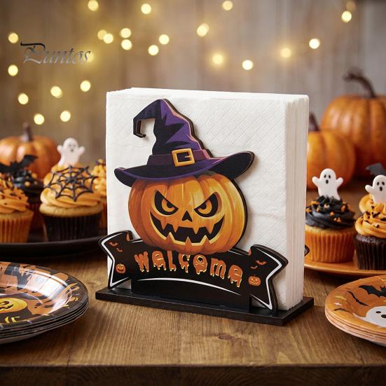 Fall Table Decor Halloween Wooden Napkin Holder, Ghost Pumpkin Decorative Tabletop Tissue Dispenser, Square Storage Box Paper Organizer for