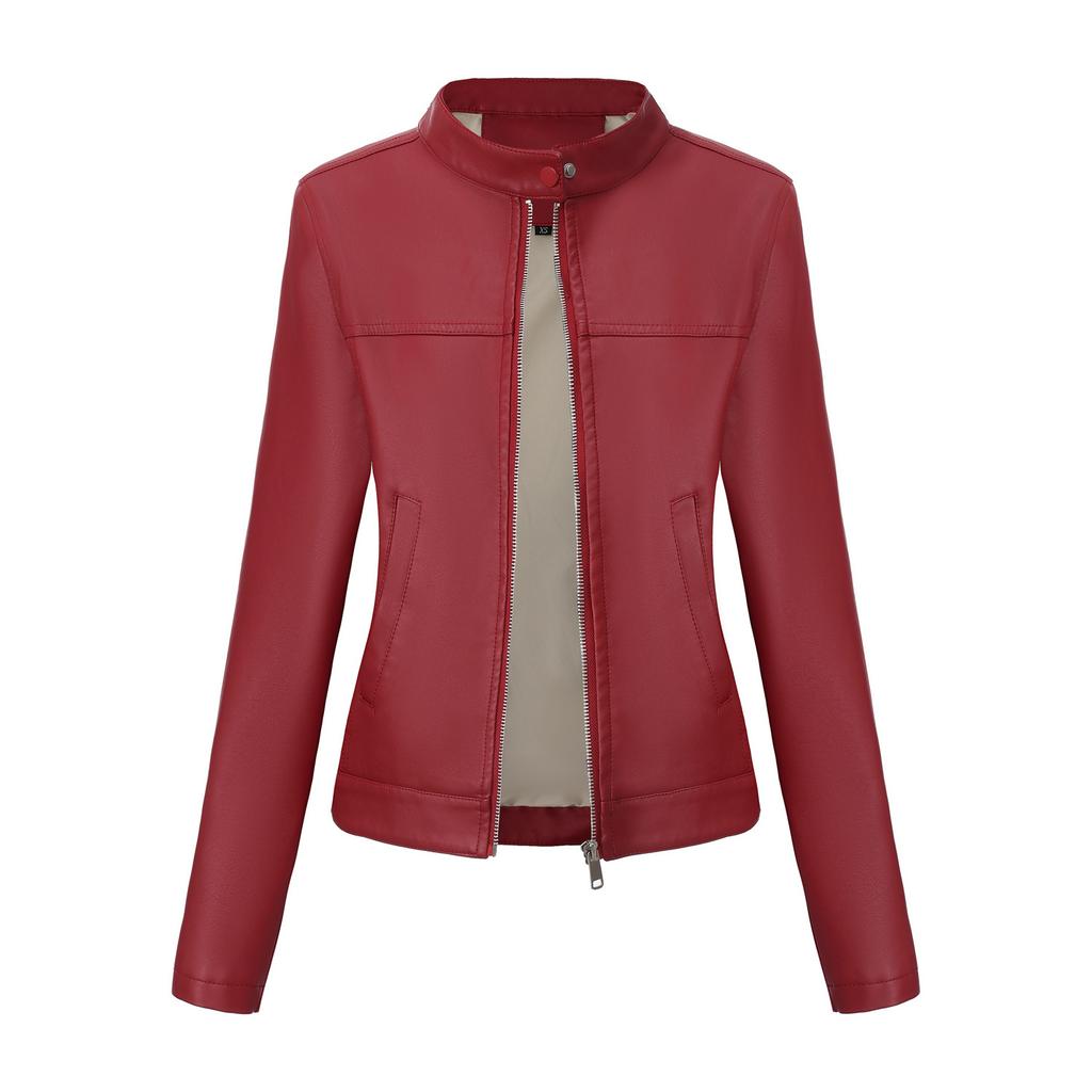 25 Spring and Autumn New Casual Leather Clothing Women's Fashion European and American Street European and American Size Stand-up Collar Jacket