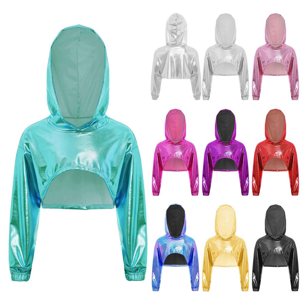Costume de Performance de Danse Hip Hop Jazz pour Filles Ourlet Asymétrique Sweat à Capuche Métallique Haut Court à Manches Longues