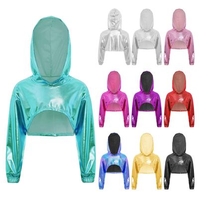 Mädchen Hip Hop Jazz Tanzaufführungskostüm Asymmetrischer Saum Metallic Kapuzenpullover Langarm Crop Top