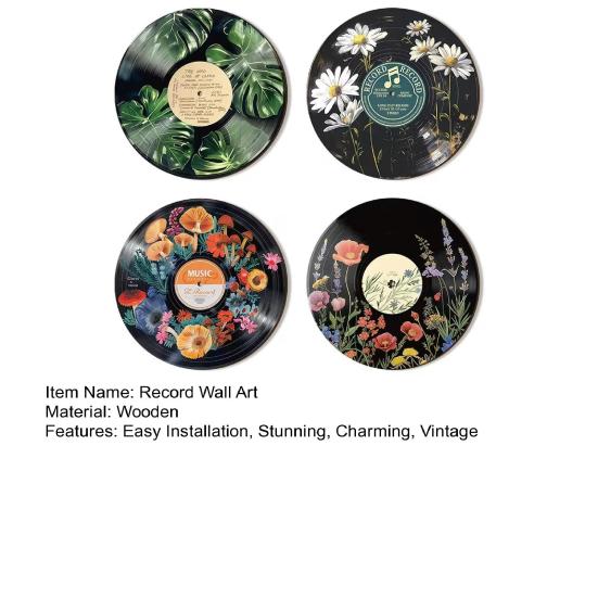 4 Pcs Wooden Record Floral Slice Vinyl Wall Art Vintage Record Replica Wall