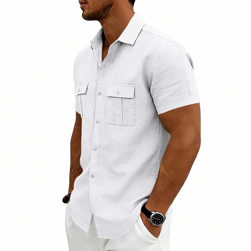 Men S American Casual Loose Short Sleeve Linen Work Shirt With Double Pockets