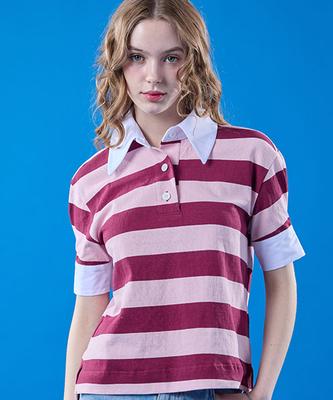 KOLEAT Puff Melvin Vintage Striped Collared Short Sleeve Tee [Pink]