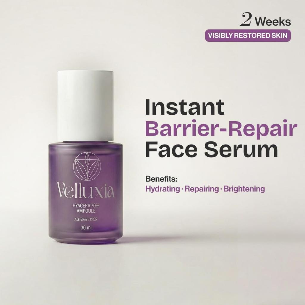 Velluxia Hyacera 70% Hydrating Ampoule - 30ml - Advanced Hyaluronic & Ceramide Complex with Rosa Centifolia Flower Water - Deep Moisture & Barrier
