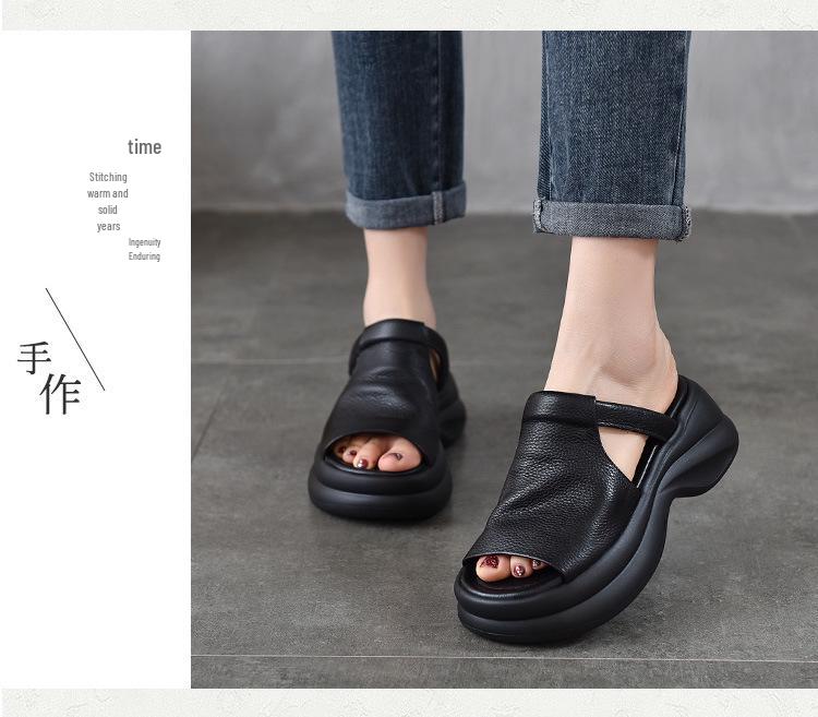 Women's Genuine Leather Platform Flip-Flops with Thick Soles for Summer 2025