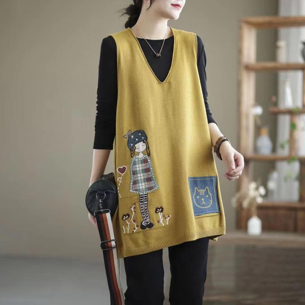 Retro Literature and Art Spring Autumn Winter Women's Pullover V-neck Patchwork Pockets Sweate Fashion Casual Elegant Sleeveless Vest Tops