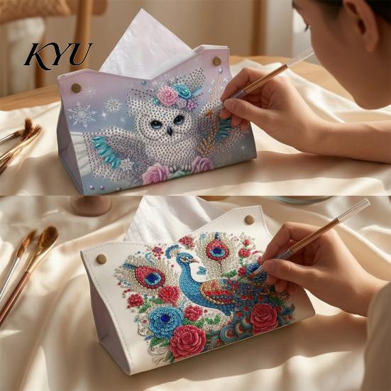 Concentration Training Toys DIY Faux Diamond Art Painting Tissue Box, Leather Desktop Holiday Gift for Craft Lovers Holder Pouch, 5D Rhinestone