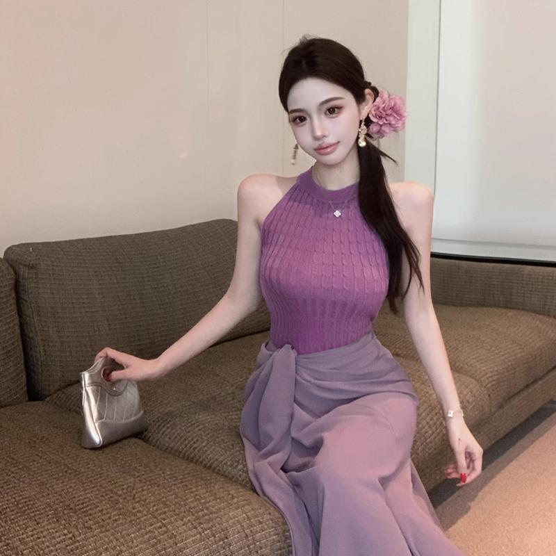 Summer Korean Solid Color Halter Neck Sleeveless Slim Twist Knit Vest For Women