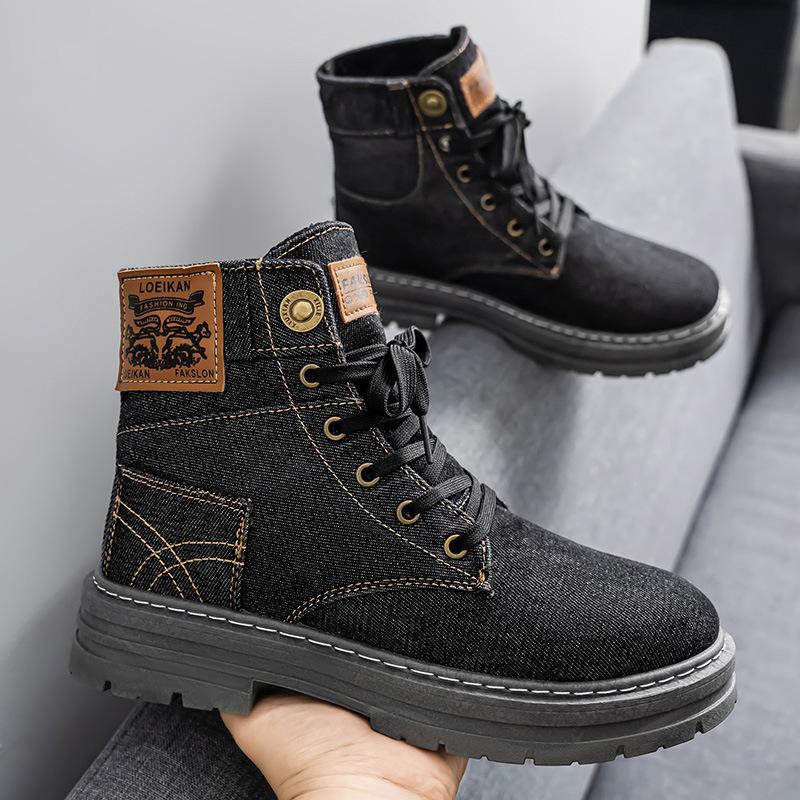 

Fashion 2025 Autumn High Top Plus Size 39-48 Men s Boots Denim Blue Black Casual Boots British Lace Up Men Sneakers Botas Para Hombre 39 чёрный