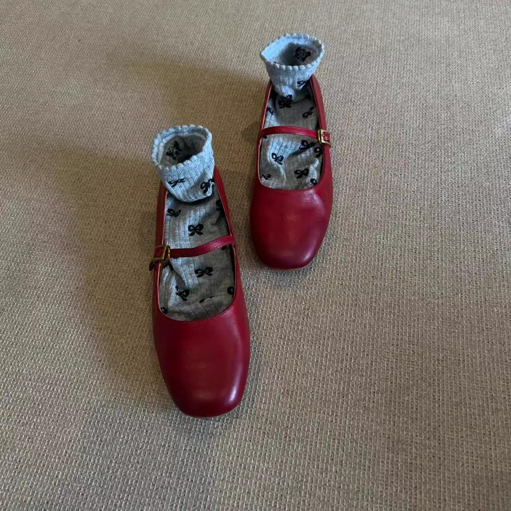 Blue Cabinet~ Korean-style Daughter Gold Retro Style Round Head One-word Buckle Red Ballet Mary Jane Shoes Commuter Flat Shoes