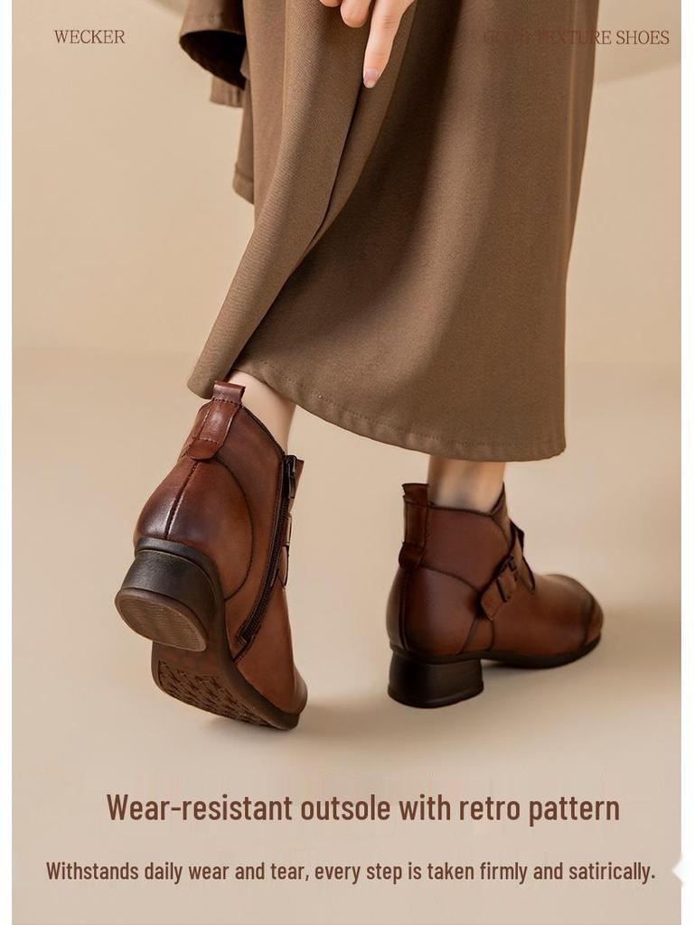 2025 Women's Vintage British High-Top Leather Boots - Autumn/Winter Slip-On, Versatile, Comfortable