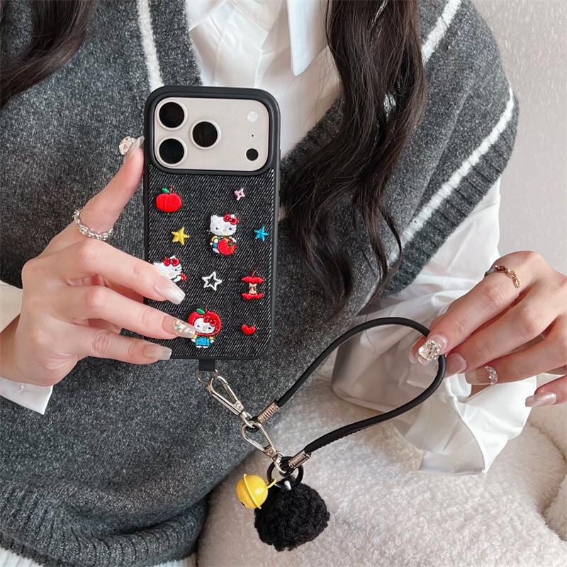 Embroidered Denim Apple Headgear Cat iPhone 17/16 Pro Max/15/14 High-End Case