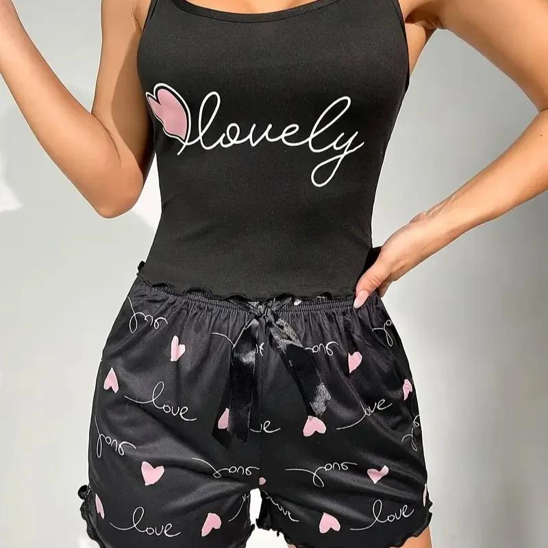Damen Milchseide Pyjama Set Bedrucktes Camisole und Shorts Zweiteiliges Sommer Komfort Homewear Sexy Loungewear Outfit