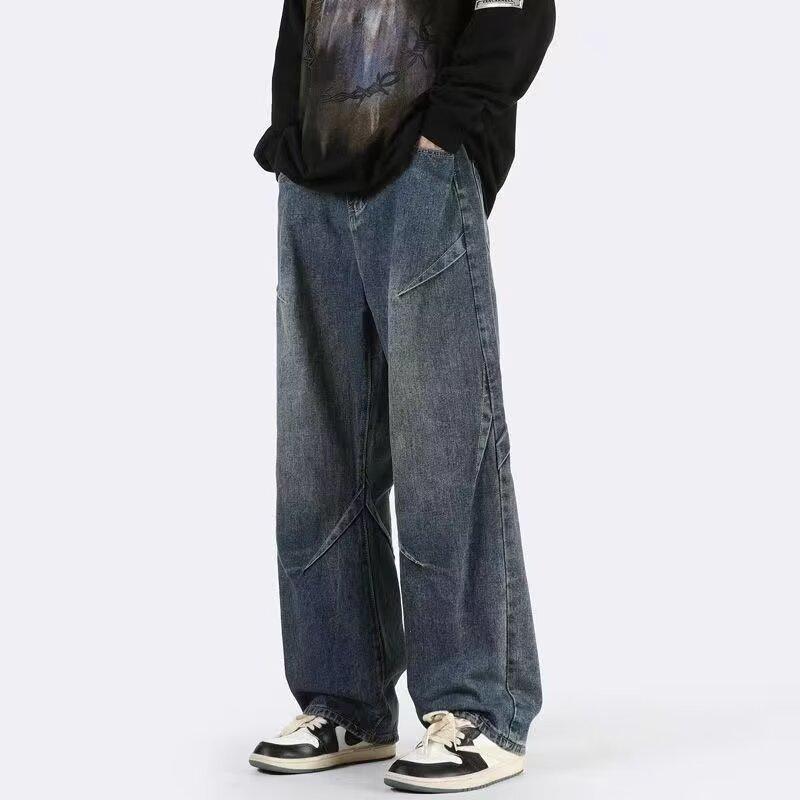 Washed old retro blue jeans men's American high street vibe pants trendy brand loose straight slightly pulled trousers