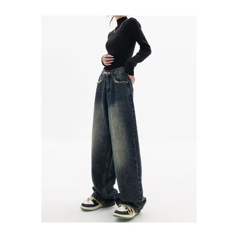 Spring and Summer New Jeans Women's High Waist Slimming and Straight Loose American Retro High Street Casual Pants Wide Leg Pants Pants